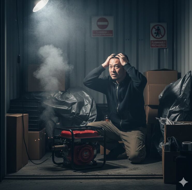 ハローストレージのコンテナ内で、排気ガスを出す小型発電機を置いて後悔している日本人男性。