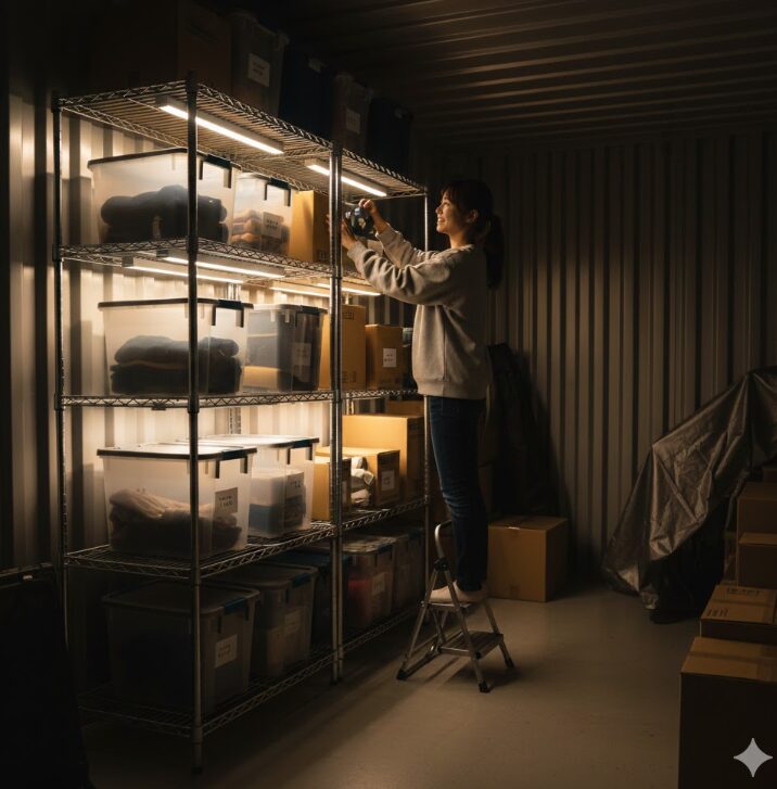 ハローストレージのコンテナ内で、電池式LEDライトで明るく照らされた棚から荷物を取り出す日本人女性。