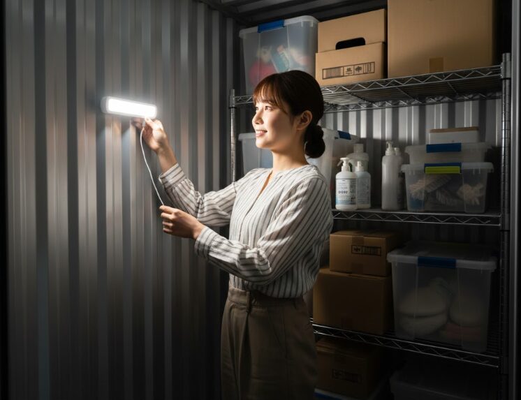ハローストレージのコンテナの壁にマグネット式センサーライトを取り付け、明るくなった庫内で満足げな日本人女性。