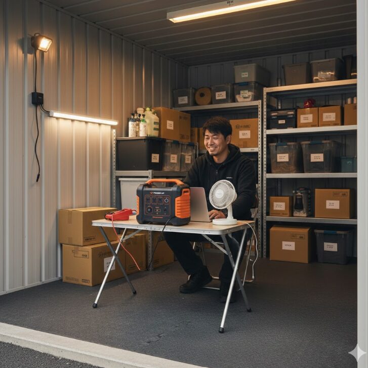 ハローストレージのコンテナ内でポータブル電源と扇風機、ノートPCを使い、快適に作業する日本人男性。