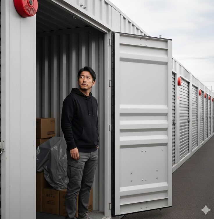 トランクルームのコンテナの前に立つ日本人男性が、火災報知器をじっと見つめている様子