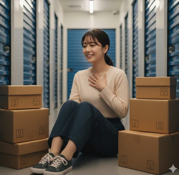 お得にトランクルームを借りることができて、ホッと安心した様子の女性の様子