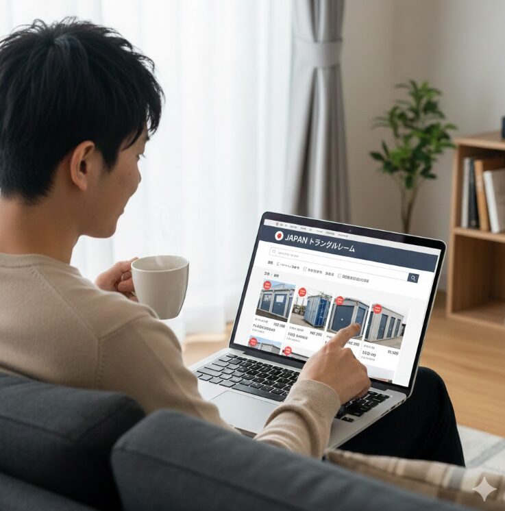 JAPANトランクルームというトランクルーム探索サイトで、良い物件がないか探している男性の様子