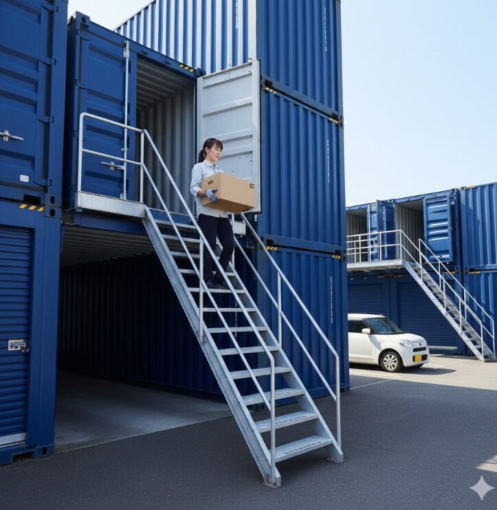 2階部分のトランクルームに荷物を運んでいる女性の様子