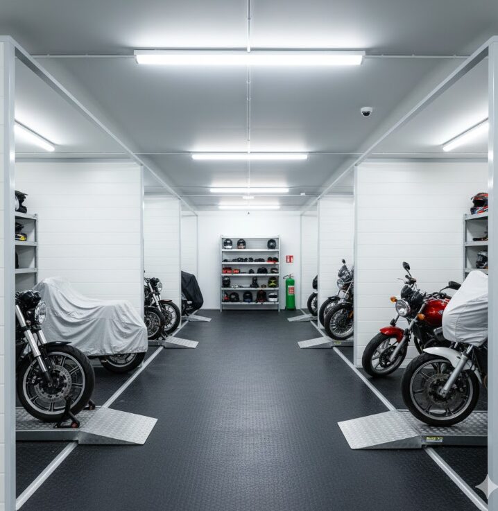 一台ずつ丁寧に仕切られたバイク専用のトランクルームの様子