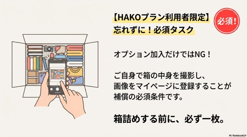 HAKOプランであんしんオプションを適用するための条件：箱詰め前の写真撮影と登録が必須