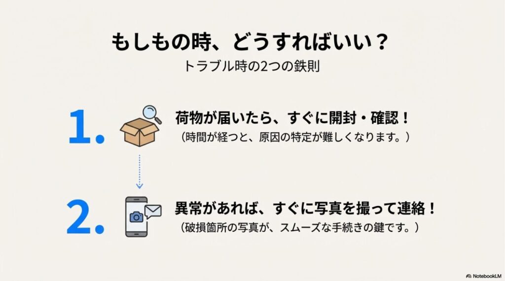 荷物到着時のトラブル対応手順：すぐに開封して確認し、異常があれば写真を撮って連絡する