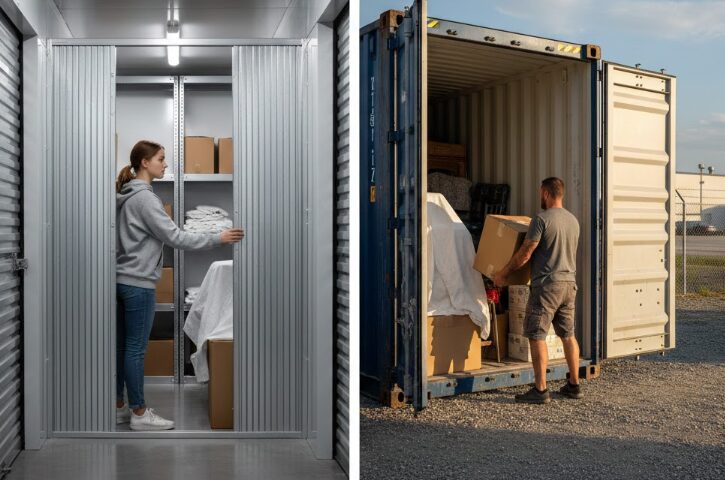 左右に分割された画像。左側は屋内型トランクルームで、若い女性が扉を開けている。空調設備やセキュリティのアイコンが示されている。右側は屋外型コンテナで、男性がコンテナに荷物を入れている。
