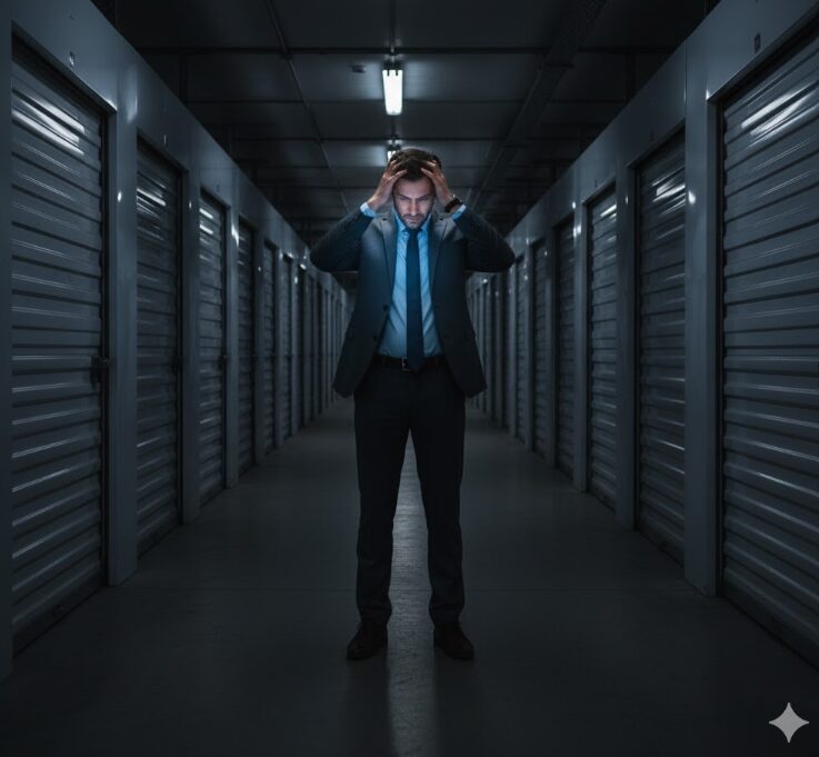 スーツを着た男性が薄暗い屋内型トランクルームの通路で頭を抱えている。