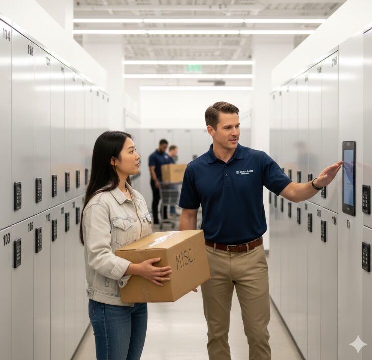 明るく清潔なロッカーが並ぶ通路で、女性が段ボール箱を持っており、男性スタッフが利用について説明している。