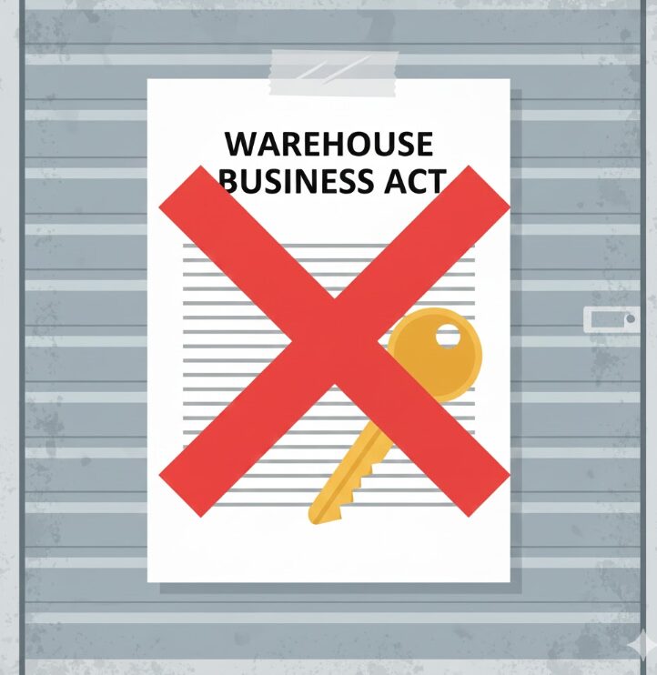 倉庫業法の書類とトランクルームの鍵のイラスト。