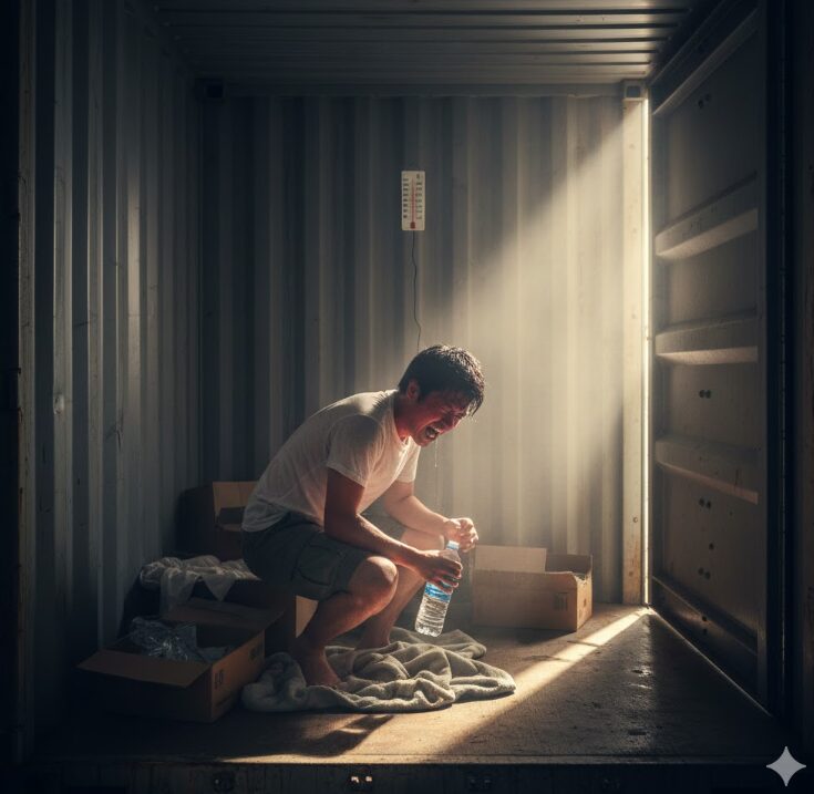 夏の太陽が照りつける屋外型コンテナの中で、汗を流しながら苦しんでいる日本人男性。