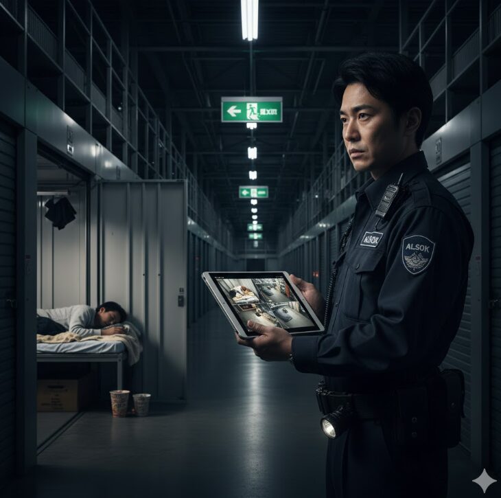24時間監視体制で巡回する警備員が、トランクルーム内で不正に生活している人物を発見する様子。