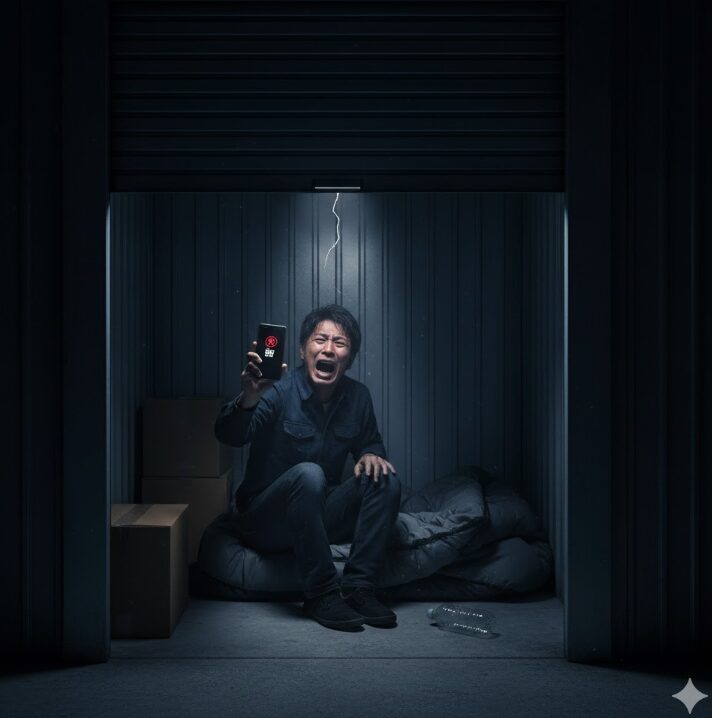 閉ざされたトランクルームの中で、携帯電話の電波が届かず助けを呼べない日本人男性が絶望している様子。
