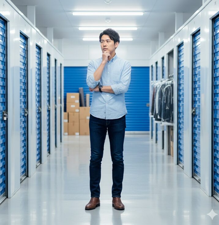 明るく清潔な屋内型トランクルームの通路に立つ若い男性が、腕を組みながら思案している。