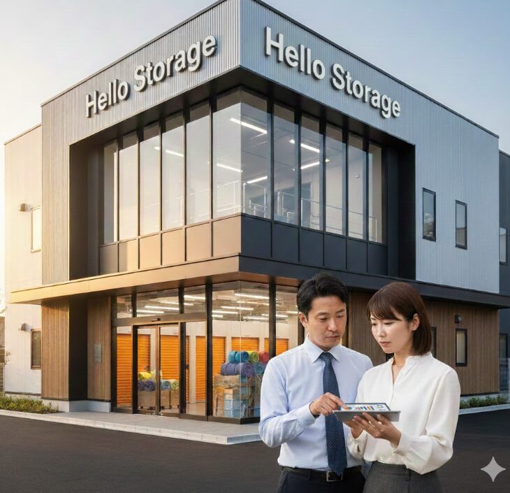 「Hello Storage」と書かれたモダンなトランクルーム施設の前に立つビジネスパーソンの男女。男性がタブレットで料金プランのグラフを女性に示している
