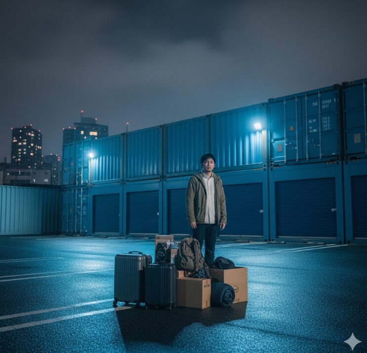 夜のハローストレージの前に立つ、困惑した表情の日本人男性と、住居の代わりになる場所を探している彼の荷物。