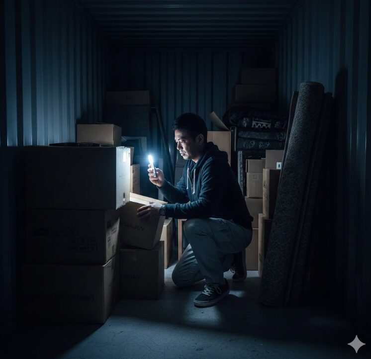 暗いハローストレージのコンテナ内で、日本人の男性がスマートフォンのライトを頼りに荷物を整理している様子。