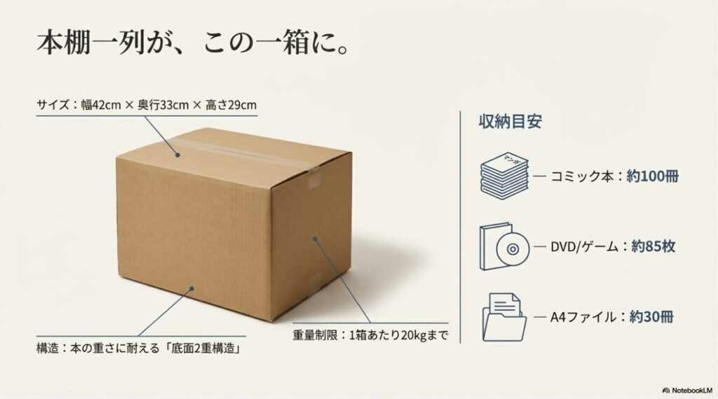 minikuraブックボックスの寸法(幅42cm×奥行33cm×高さ29cm)と収納可能数(漫画約100冊、DVD約85枚、A4ファイル約30冊)のイラスト図解