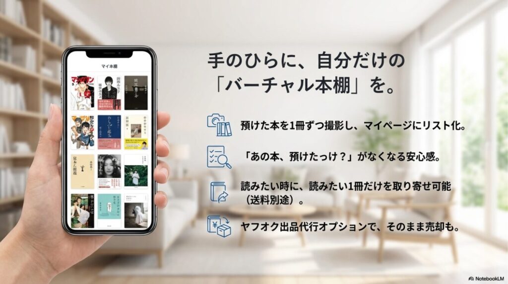 スマホ画面で管理できるバーチャル本棚のイメージ。預けた本が写真リスト化され、1冊からの取り出しやヤフオク出品が可能なMONOプランのメリット