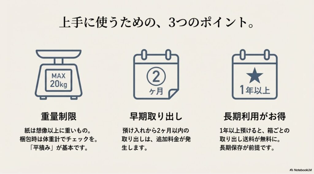 minikura利用時の注意点まとめ。重量制限20kg、2ヶ月以内の早期取り出し料金、1年以上の長期利用で送料無料になるお得な仕組み