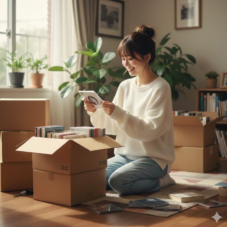 ミニクラの補償サービスを利用して、安心して段ボールを物を梱包している女性。