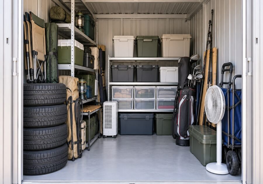 タイヤやキャンプ用品を整理して保管した屋外型トランクルーム