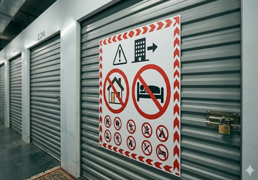 トランクルームでの寝泊りは不可、というルールを表現しているピクトグラム