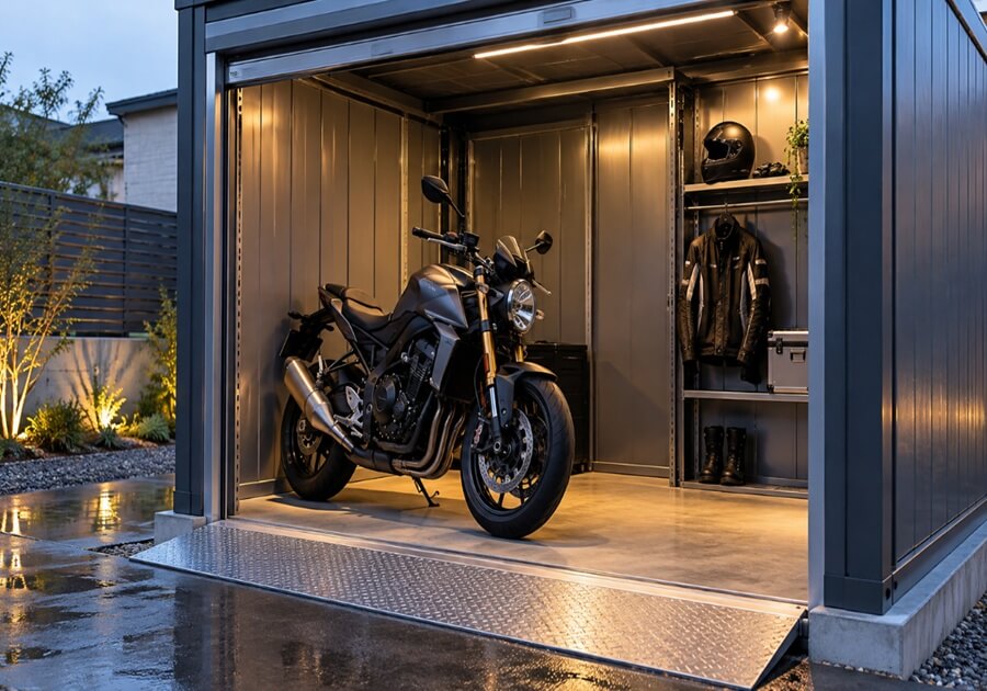 バイクとヘルメットを保管できる専用ガレージ型トランクルーム