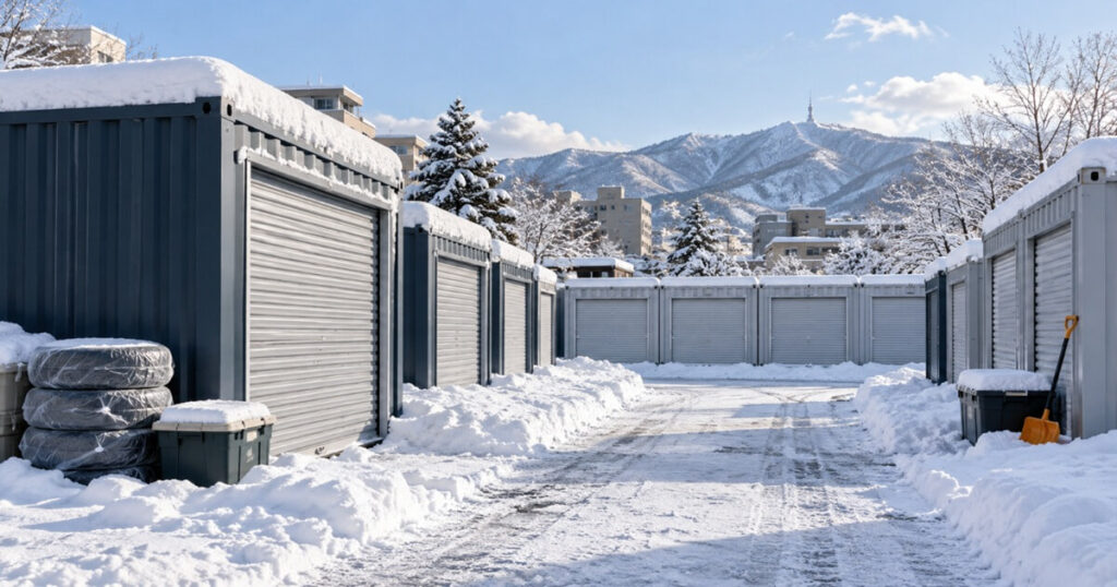 雪が積もった屋外コンテナ型トランクルームと除雪された通路の様子