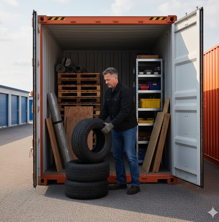 タイヤや資材をオレンジコンテナに預けている男性