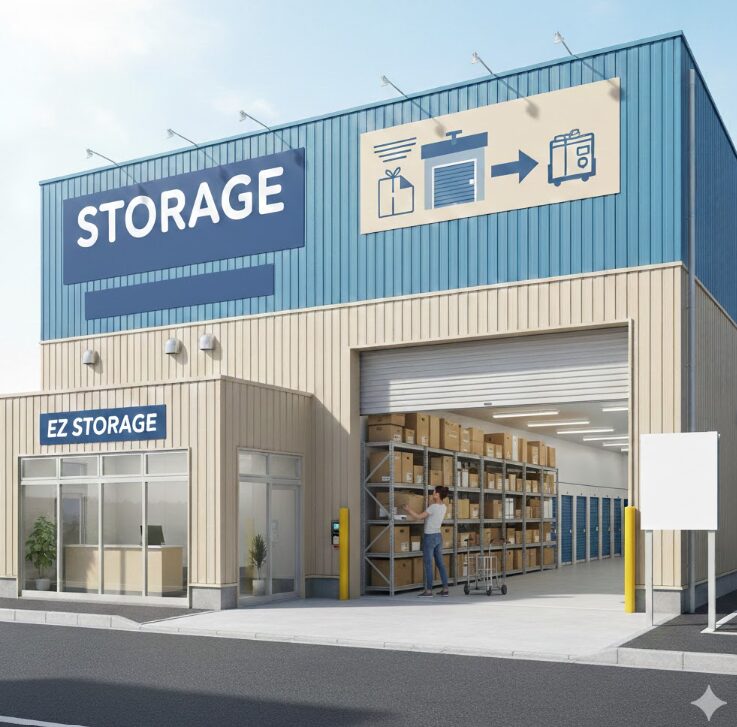 屋外トランクルームで作業する女性