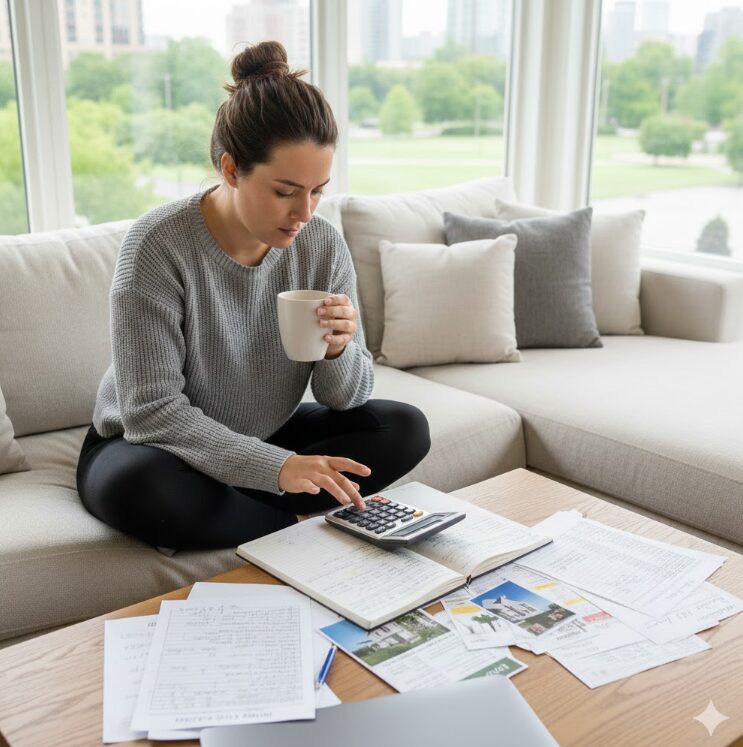 自宅のソファで、電卓を使い、初期費用の計算をしている女性