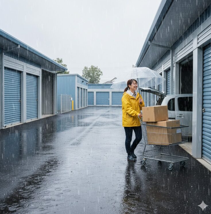 アスファルト舗装されたトランクルームで、雨でも快適に荷物を運んでいる女性