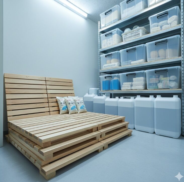 トランクルームのカビ対策として用意した、すのこと除湿剤のイメージ