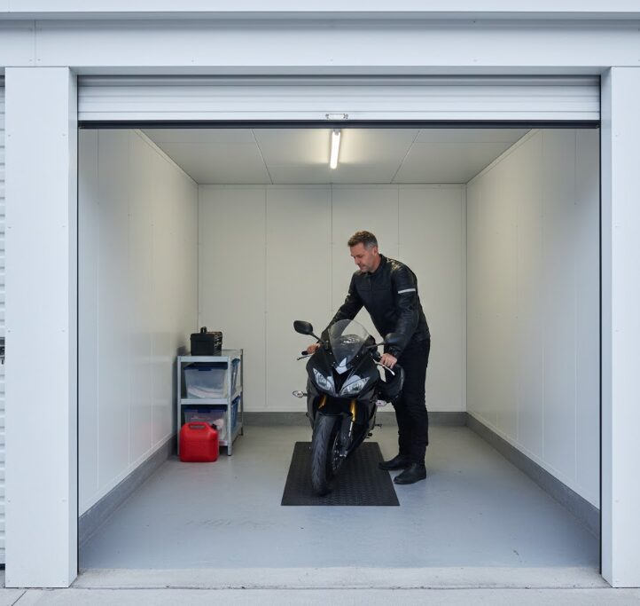 バイクを専用の個室トランクルームに駐車する男性