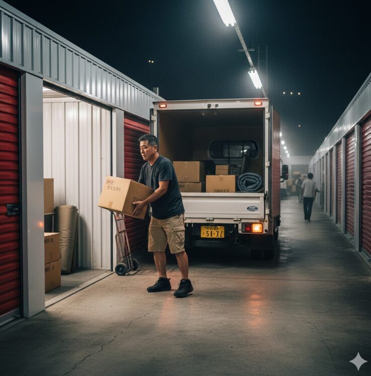 夜間にトランクルームに荷物を搬入している男性