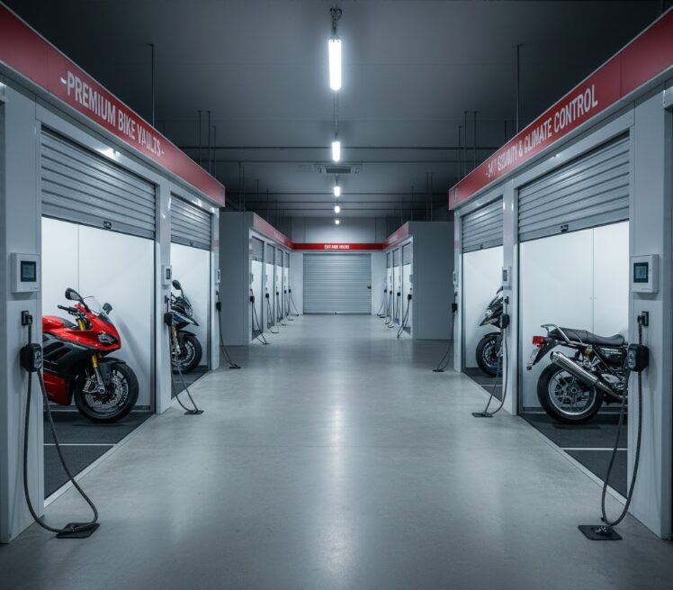 セキュリティ完備の快適なバイク専用トランクルームの様子