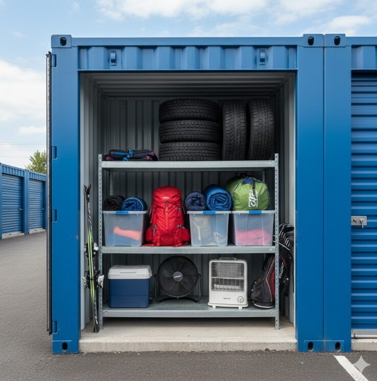 タイヤ、アウトドア用品、スキー板、扇風機などの季節家電が収納された屋外型トランクルームの様子