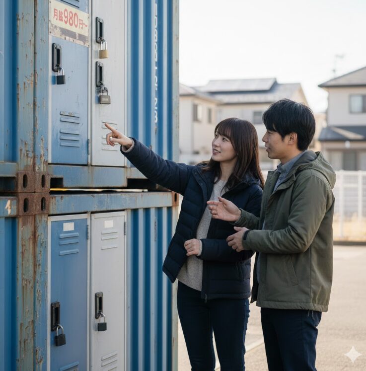 「駅から少し離れた場所にある屋外コンテナ」または「ビル内の小さなロッカー」を指さして検討している日本人の姿。
地図や建物の図面をタブレットで見ながら、賢く選んでいる様子。