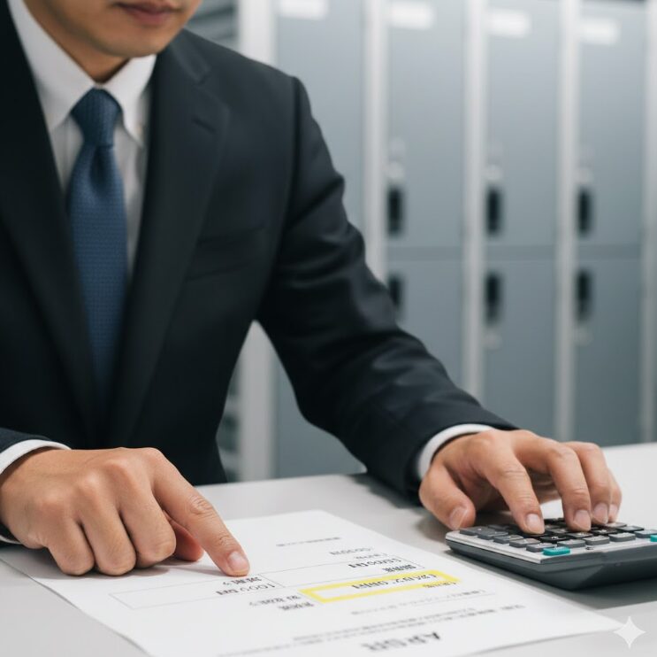契約書や料金表を真剣な表情でチェックしている日本人の手元のアップ。
電卓を叩きながら、総額を計算している様子。
背景にうっすらとトランクルームの施設が見える。