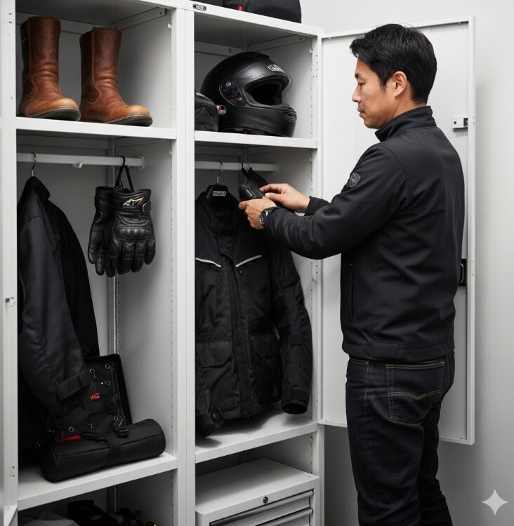 ヘルメット、ライディングジャケット、工具箱などが、コンパクトな収納棚に綺麗に収まっている様子。
バイク乗りの格好をした日本人男性が、そこからグローブを取り出しているシーン。