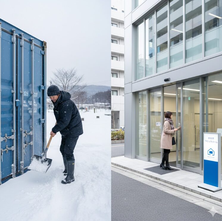 （札幌をイメージ）雪が積もった屋外コンテナ。雪かきをしながら利用しようとしている、あるいは注意深く扉を開けようとしている日本人の姿。
（対比として）都市部のビル型店舗の入り口。
