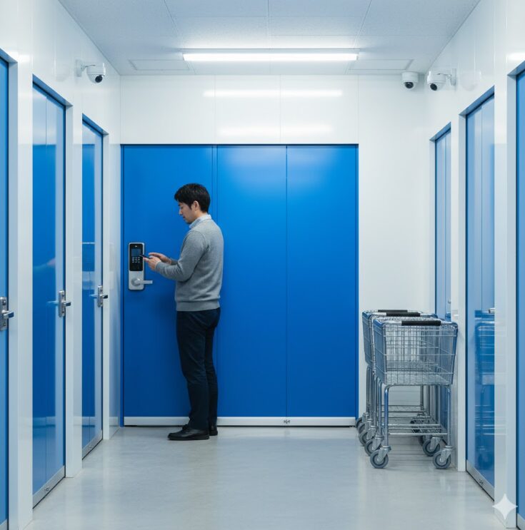 清潔感のある最新の屋内型トランクルームの入り口で、スマートフォンを使ってスマートロックを解錠している日本人男性。明るい照明、防犯カメラ、貸し出し用の台車が背景に整然と配置されている様子。