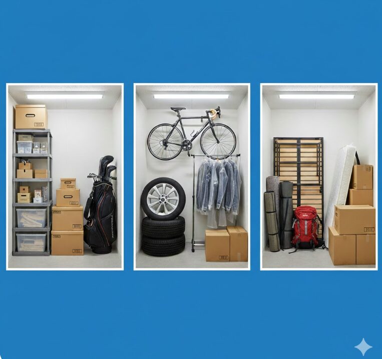 トランクルームのスペースに、実際に荷物（ゴルフバッグ、段ボール、タイヤ、小型家具）が効率よく収納されている様子を並べた三分割のレイアウト。