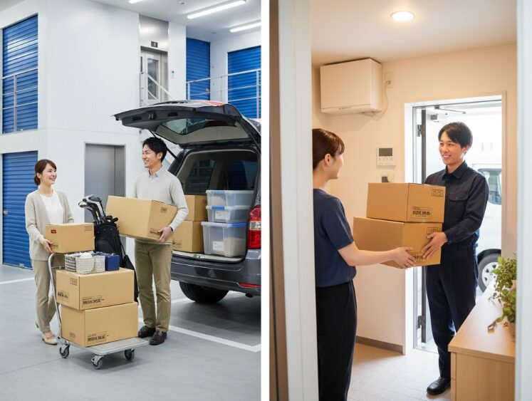 左側に自分の車で荷物を運び入れるアクティブな日本人夫婦（店舗型）、右側に自宅の玄関で配送業者に専用ボックスを預ける日本人女性（宅配型）を対比させたビジュアル。