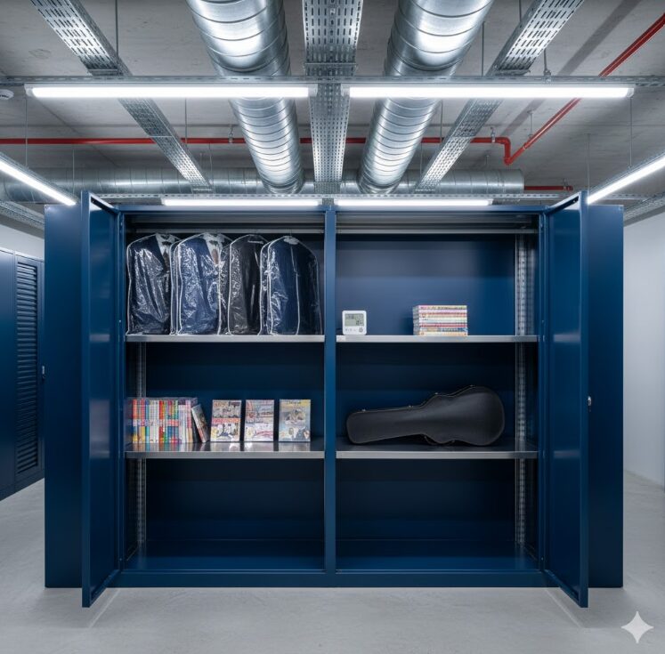 空調ダクトが見える近代的な施設内で、高級な衣類や楽器、大切なコレクション本が棚に整然と並んでいる様子。湿度管理が行き届いていることを感じさせる、清潔で涼しげな空気感。