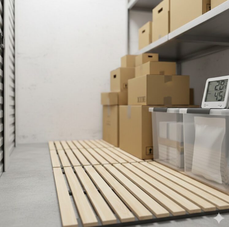 湿気対策として、トランクルームの床に設置されたすのこの写真