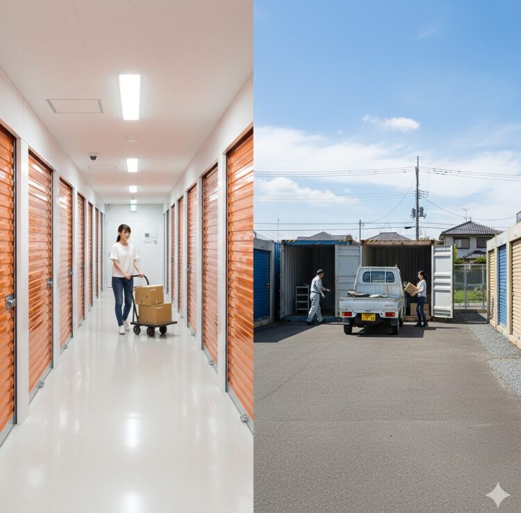 「明るく空調の効いた屋内型」と「車を横付けできる屋外型コンテナ」の風景