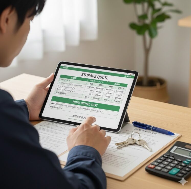 タブレットやスマホで初期費用の見積もり画面を真剣に見ている日本人の手元。